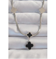 316L Çelik Gümüş Renk İtalyan Zincirli Mineli Yonca Kolye - TJ-BKO8970