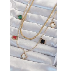 316L Çelik Gold Renk İtalyan Zincirli Renkli Mineli Çoklu Yonca Kolye - TJ-BKO8973