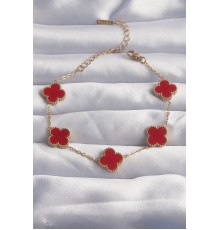 316L Çelik Gold Renk Kırmızı Mineli Yonca Bileklik - TJ-BB6264