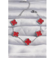 316L Çelik Gümüş Renk Kırmızı Mineli Yonca Bileklik - TJ-BB6263