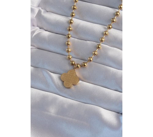 316L Çelik Top Zincirli Gold Renk İşlemeli Yonca Model Kolye - TJ-BKO8988