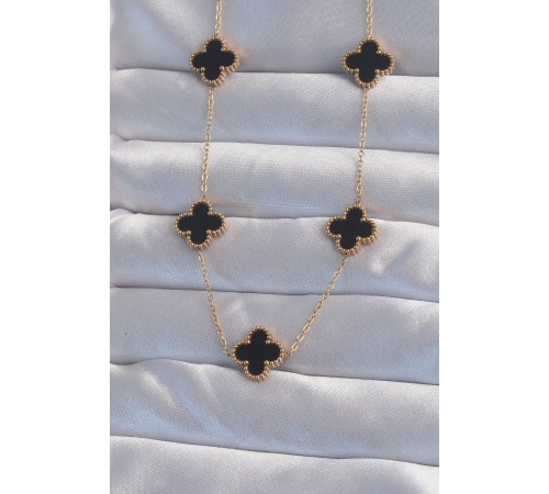 316L Çelik Gold Renk Siyah Mineli Yonca Kolye - TJ-BKO8998