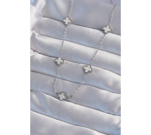 316L Çelik Gümüş Renk Minimal Beyaz Sedefli Yonca Kolye - TJ-BKO9001