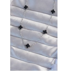 316L Çelik Gümüş Renk Minimal Siyah Mineli Yonca Kolye - TJ-BKO9003