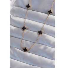 316L Çelik Gold Renk Minimal Siyah Mineli Yonca Kolye - TJ-BKO9004