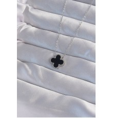 316L Çelik Gümüş Renk Siyah Mineli Yonca Kolye - TJ-BKO9007