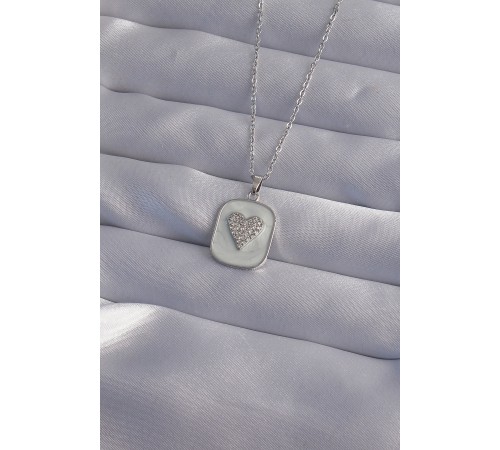 316L Çelik Zincir Mermer Desenli Gümüş Renk Zirkon Taşlı Kalp Model Kolye - TJ-BKO9014