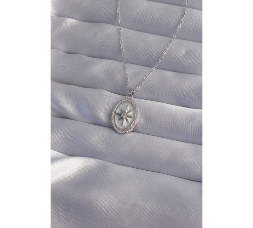 316L Çelik Zincir Gümüş Renk Zirkon Taşlı Kabartmalı Kutup Yıldızı Kolye - TJ-BKO9016