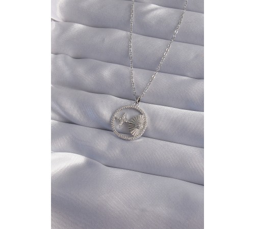 316L Çelik Zincir Gümüş Renk Zirkon Taşlı Yıldız Figürlü Oval Kolye - TJ-BKO9024