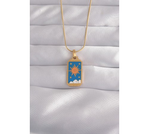 316L Çelik Gold Renk Mavi Mineli Güneş Model Tarot Kolye - TJ-BKO9026