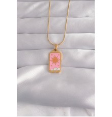 316L Çelik Gold Renk Pembe Mineli Güneş Model Tarot Kolye - TJ-BKO9029