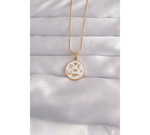 316L Çelik Gold Renk Beyaz Mineli Karışık Figürlü Tarot Kolye - TJ-BKO9041