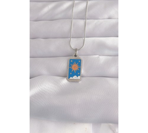 316L Çelik Gümüş Renk Mavi Mineli Güneş Model Tarot Kolye - TJ-BKO9042