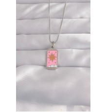 316L Çelik Gümüş Renk Pembe Mineli Güneş Model Tarot Kolye - TJ-BKO9043