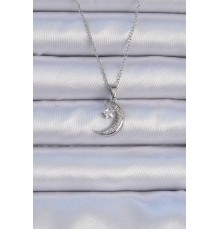 316L Çelik Zincir Gümüş Renk Zirkon Taşlı Sallantılı Ay Yıldız Kolye - TJ-BKO9062