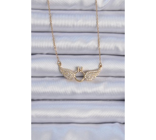 316L Çelik Zincir Altın Renk Kanatlı Tektaş Kolye - TJ-BKO9077