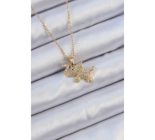 316L Çelik Zincir Altın Renk Zirkon Taşlı Fil Kolye - TJ-BKO9091