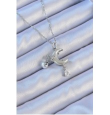 316L Çelik Zincir Gümüş Renk Zirkon Taşlı Kelebekli Mineli Ay Kolye - TJ-BKO9094