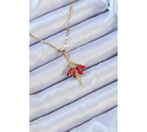 316L Çelik Zincir Altın Renk Kırmızı Etekli Zirkon Taşlı Balerin Kolye - TJ-BKO9099