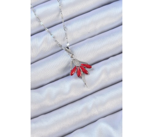 316L Çelik Zincir Gümüş Renk Kırmızı Etekli Zirkon Taşlı Balerin Kolye - TJ-BKO9100