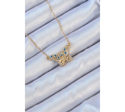 316L Çelik Zincir Altın Renk Zirkon Taşlı Nazarlı Kolye - TJ-BKO9101