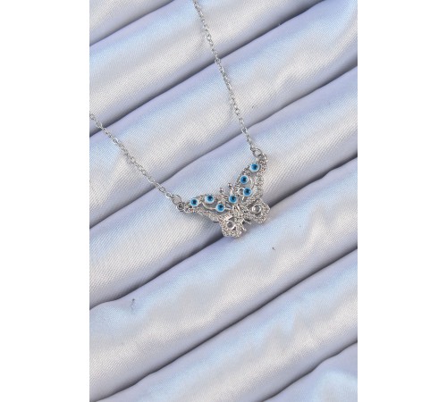 316L Çelik Zincir Gümüş Renk Zirkon Taşlı Nazarlı Kolye - TJ-BKO9102