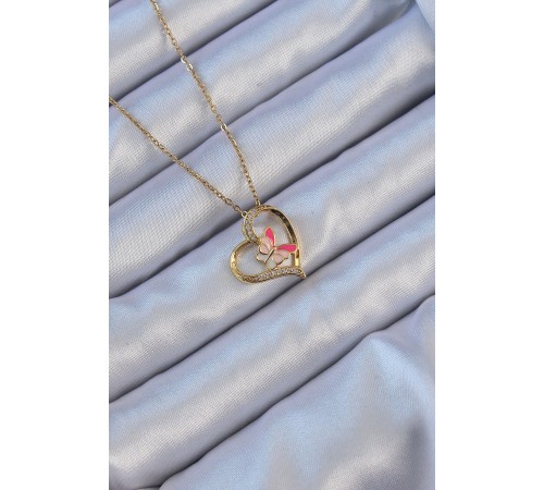 316L Çelik Zincir Altın Renk Mineli Figür Zirkon Taşlı Kalp Kolye - TJ-BKO9107