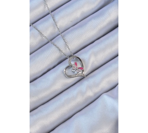 316L Çelik Zincir Gümüş Renk Mineli Figür Zirkon Taşlı Kalp Kolye - TJ-BKO9108