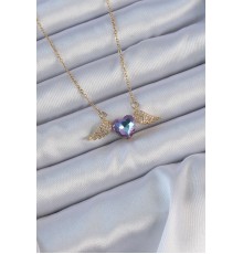 316L Çelik Zincir Altın Renk Mavi Mor Zirkon Taşlı Kanatlı Kalp Kolye - TJ-BKO9161