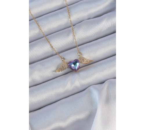 316L Çelik Zincir Altın Renk Mavi Mor Zirkon Taşlı Kanatlı Kalp Kolye - TJ-BKO9161