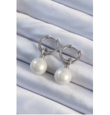 Pirinç Gümüş Renk Zirkon Taş Kaplama İnci Tasarımlı Kadın Küpe - TJ-BKP9476