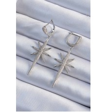 Pirinç Gümüş Renk Zirkon Taş Kaplama Kutup Yıldızı Tasarımlı Kadın Küpe - TJ-BKP9478