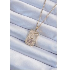 316L Çelik Zincir Altın Renk Lila Zirkon Taşlı Tarot Kolye - TJ-BKO9239