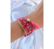 Pembe Zirkon Taşlı İpli Püskül Detay Çoklu Bileklik TJ-BB6360