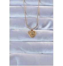 316L Altın Renk Zirkon Taşlı İşlemeli Göz Detay Kalp Kolye - TJ-BKO9286