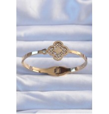 316L Çelik Altın Renk Zirkon Taşlı Simli Yonca Kelepçe - TJ-BB6377