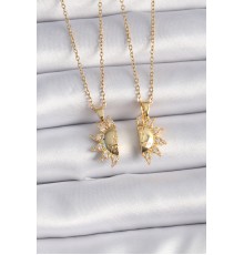 316L Çelik Gold Renk Zirkon Taşlı Güneş Model İşleme Yazı Detay Arkadaş Kolyesi - TJ-BKO9288