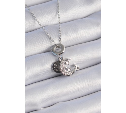 316L Çelik Gümüş Renk Zirkon Taşlı Ay Yıldız Figür Charm Model Kadın Kolye - TJ-BKO9311