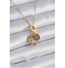 316L Çelik Gold Renk Zirkon Taşlı Ay Yıldız Model Charm Model Kadın Kolye - TJ-BKO9312