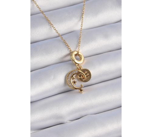 316L Çelik Gold Renk Zirkon Taşlı Ay Yıldız Model Charm Model Kadın Kolye - TJ-BKO9312