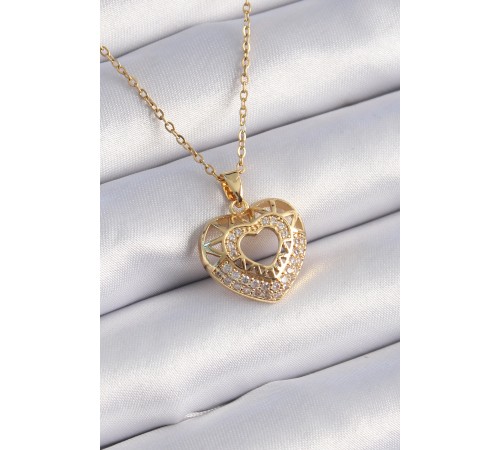 316L Çelik Gold Renk Zirkon Taşlı Kalp Model Vintage Kadın Kolye - TJ-BKO9325