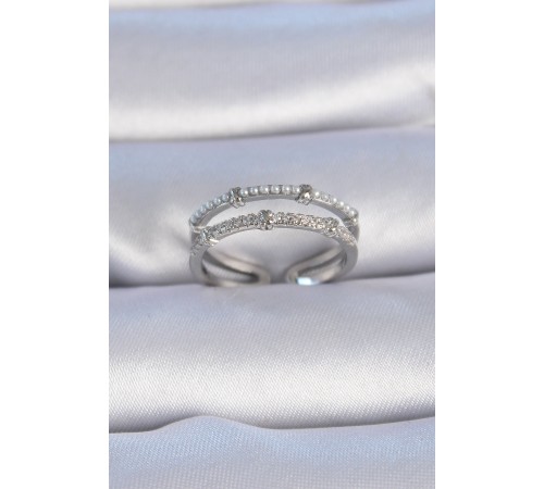 Pirinç Gümüş Renk Zirkon Taşlı İnci Detay Kadın Yüzük - TJ-BYK3337