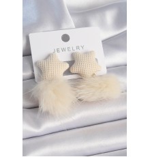 Krem Rengi Tüylü Ponpon Model Kadın Küpe - TJ-BKP9554