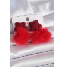 Kırmızı Renk Tüylü Yıldız Ponpon Model Kadın Küpe - TJ-BKP9556