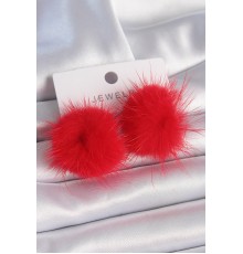 Kırmızı Tüylü Ponpon Model Kadın Küpe - TJ-BKP9564