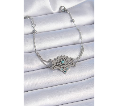 316L Çelik Gümüş Renk Mavi Taşlı Etnik Desen Kadın Bileklik - TJ-BB6436