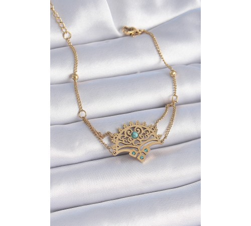 316L Çelik Gold Renk Mavi Taşlı Etnik Desen Kadın Bileklik - TJ-BB6437