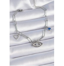 316L Çelik Gümüş Renk Zirkon Taşlı Göz Figür Kalp Detay Kadın Bileklik - TJ-BB6442