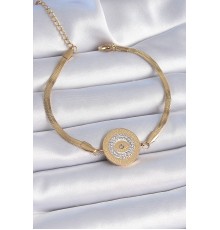 316L Çelik Gold Renk İtalyan Zincir Zirkon Taşlı Göz İşlemeli Madalyon Model Kadın Bileklik - TJ-BB6445