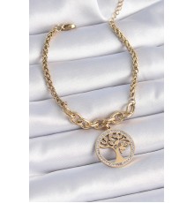 316L Çelik Gold Renk Zirkon Taşlı Yaşam Ağacı Figür Kadın Bileklik - TJ-BB6452